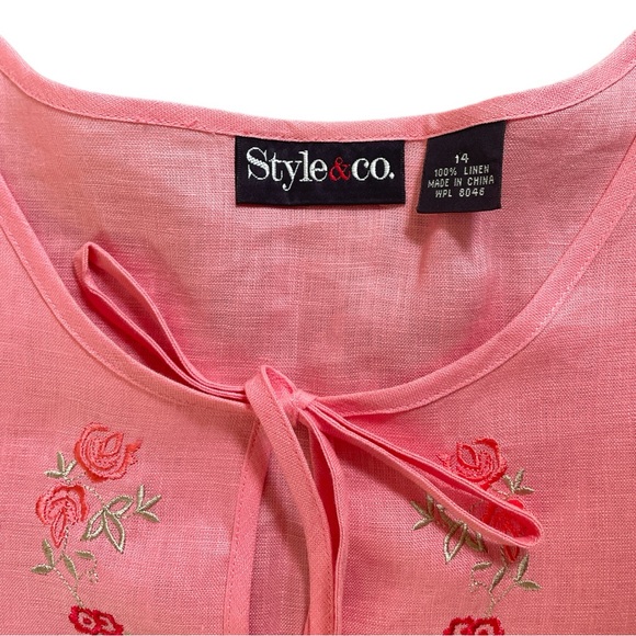Style & Co pink peach 100% linen blouse tunic top 3/4 bell sleeve embroidered 14 - Picture 5 of 7